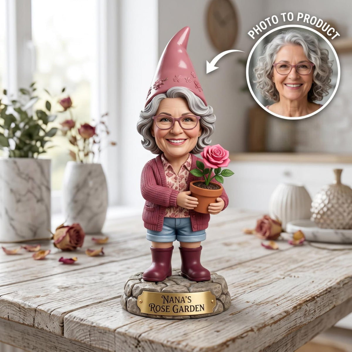 Personalized Grandma Garden Gnome 2D FLAT Wooden Block, Custom Photo and Name Flower Pot