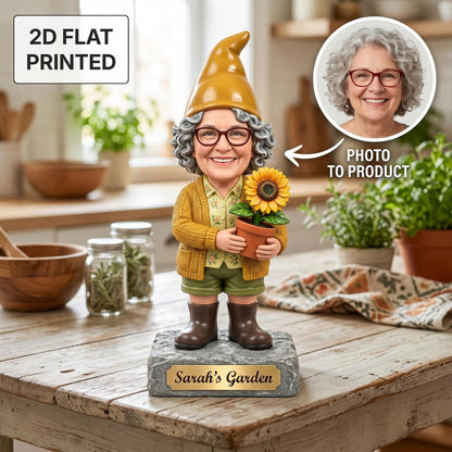 Personalized Grandma Garden Gnome 2D FLAT Wooden Block, Custom Photo and Name Flower Pot