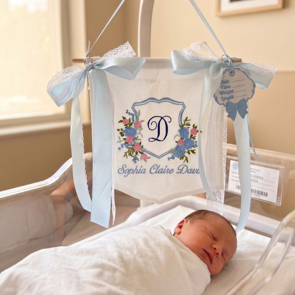 Embroidered Baby Name Banner, Custom Floral Monogram Banner, Baby Shower Decor