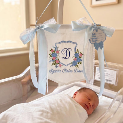 Embroidered Baby Name Banner, Custom Floral Monogram Banner, Baby Shower Decor