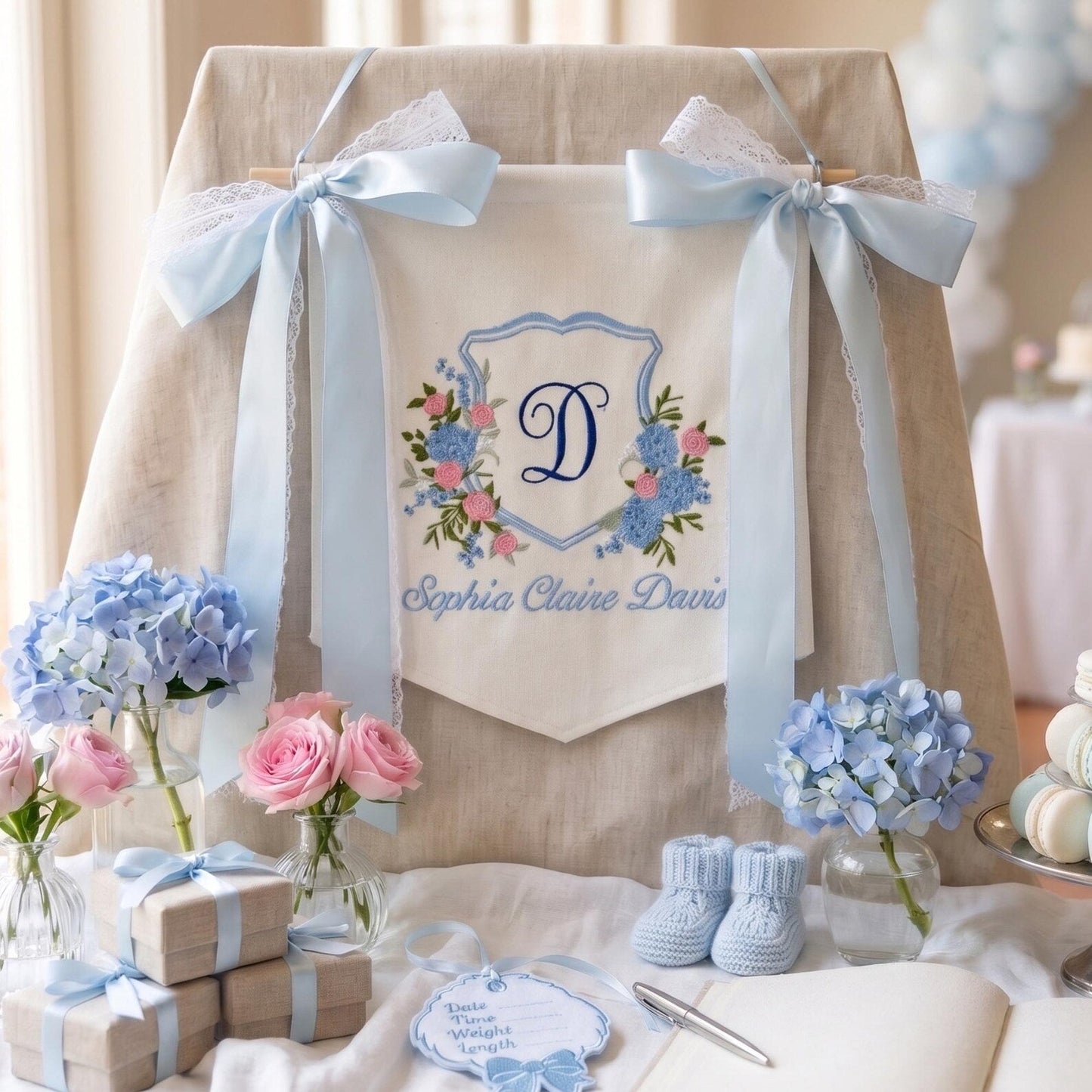 Embroidered Baby Name Banner, Custom Floral Monogram Banner, Baby Shower Decor