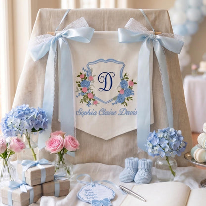 Embroidered Baby Name Banner, Custom Floral Monogram Banner, Baby Shower Decor