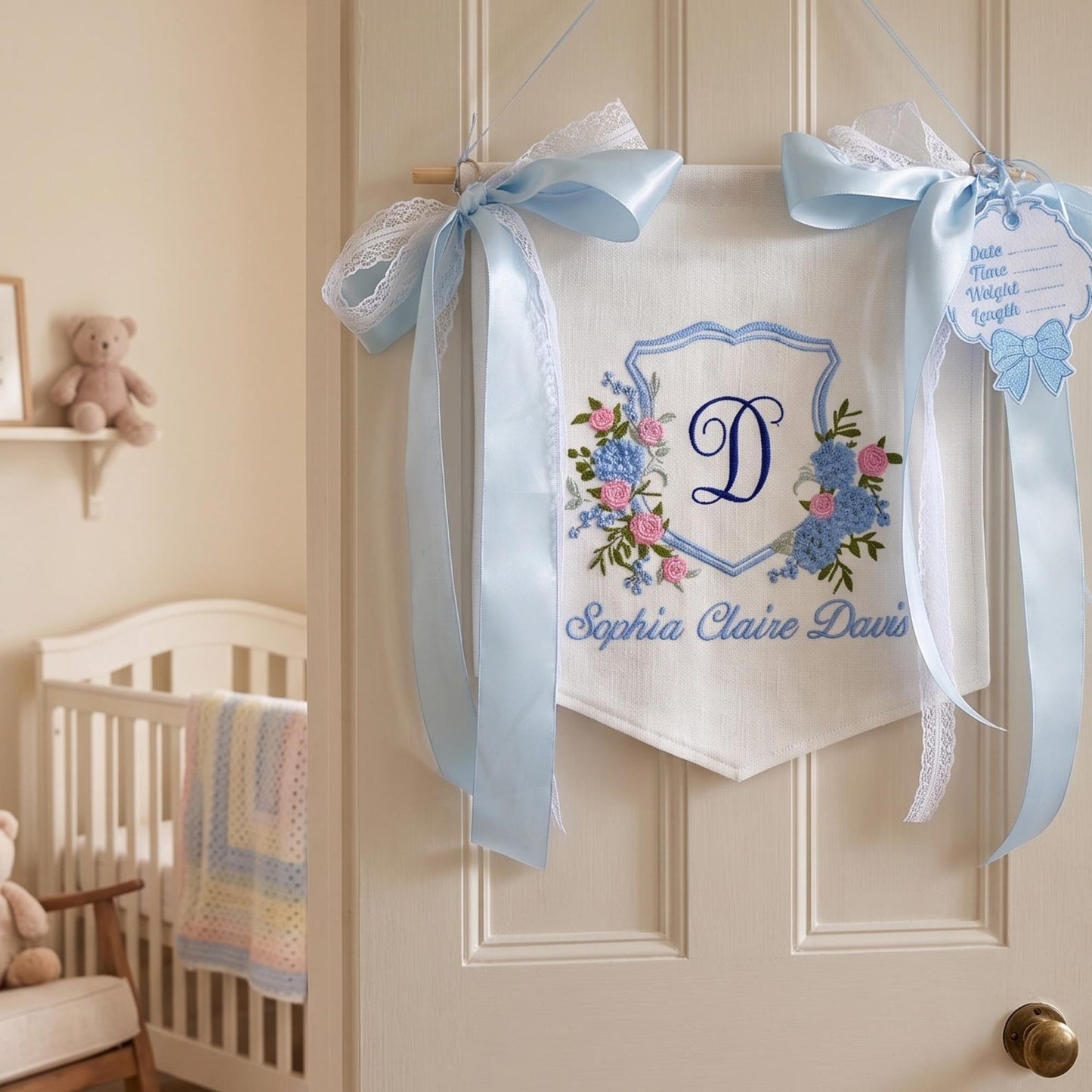 Embroidered Baby Name Banner, Custom Floral Monogram Banner, Baby Shower Decor