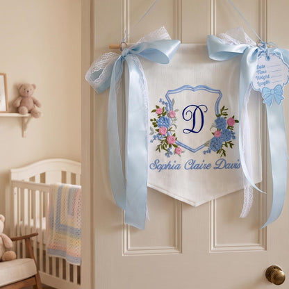 Embroidered Baby Name Banner, Custom Floral Monogram Banner, Baby Shower Decor