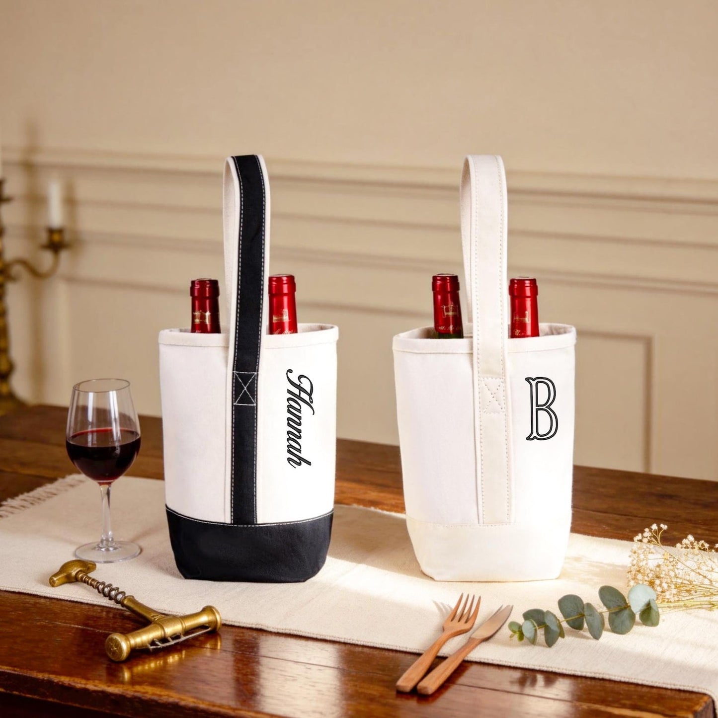 Personalized Canvas Wine Tote Bag, Monogram Double Bottle Champagne Tote Bag for Bridesmaid