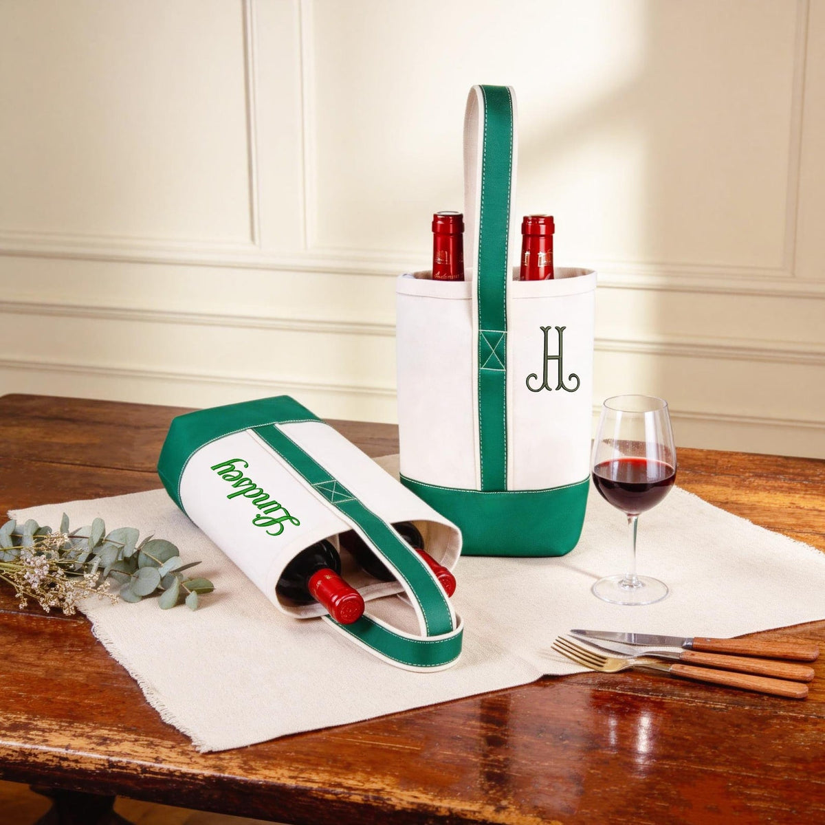 Personalized Canvas Wine Tote Bag, Monogram Double Bottle Champagne Tote Bag for Bridesmaid