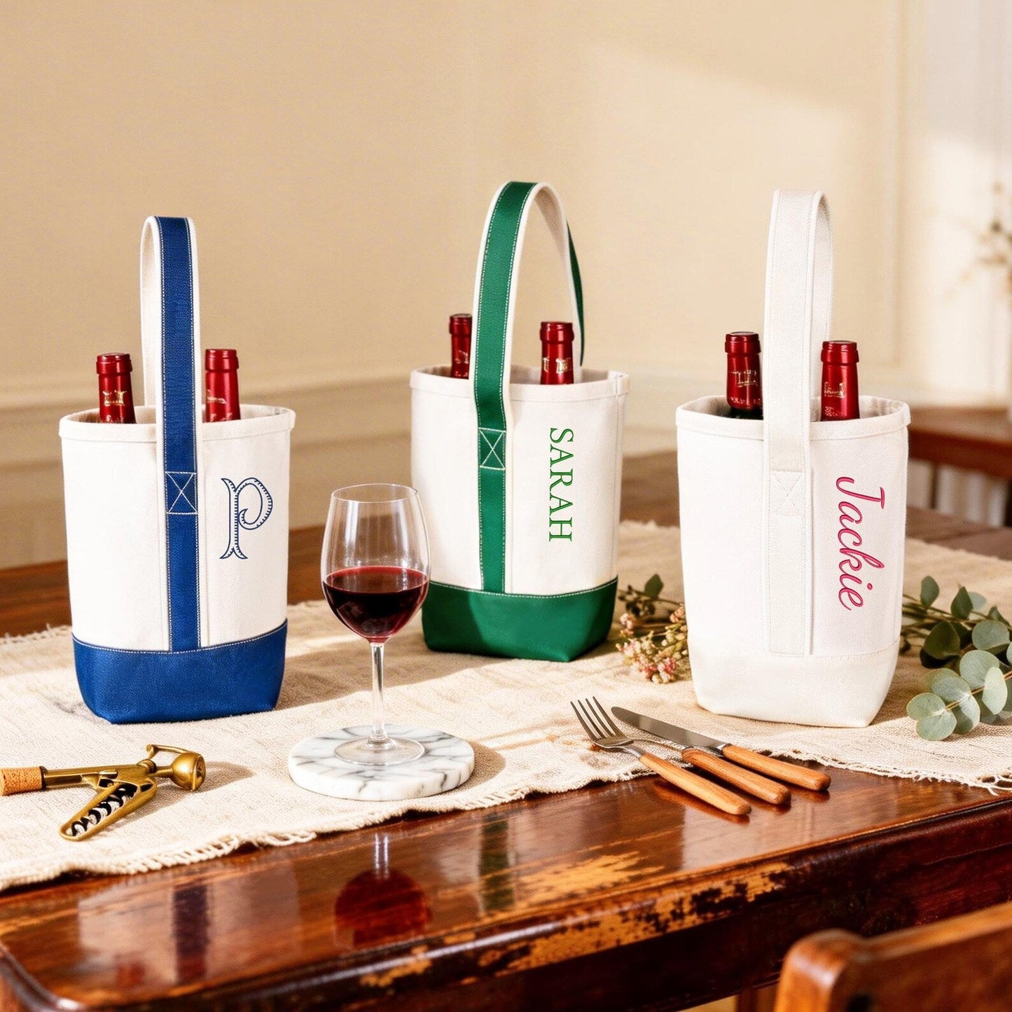 Personalized Canvas Wine Tote Bag, Monogram Double Bottle Champagne Tote Bag for Bridesmaid