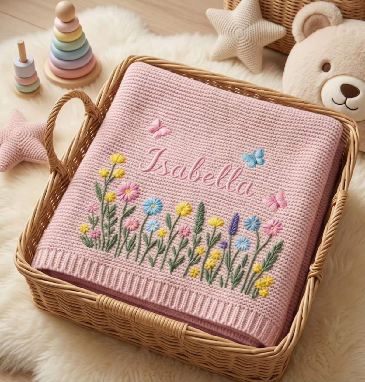Custom Embroidered Name Blanket with Butterflies and Wildflowers for Newborn