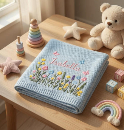 Custom Embroidered Name Blanket with Butterflies and Wildflowers for Newborn