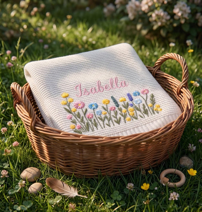 Custom Embroidered Name Blanket with Butterflies and Wildflowers for Newborn