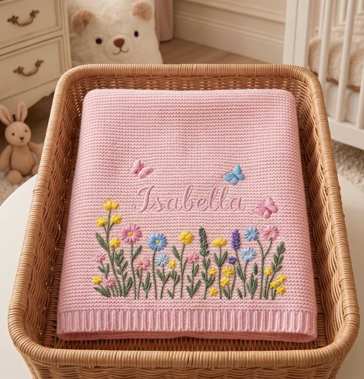 Custom Embroidered Name Blanket with Butterflies and Wildflowers for Newborn