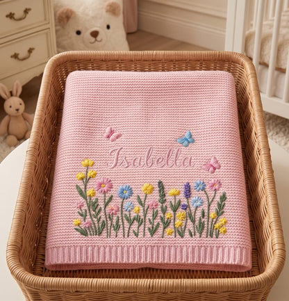 Custom Embroidered Name Blanket with Butterflies and Wildflowers for Newborn