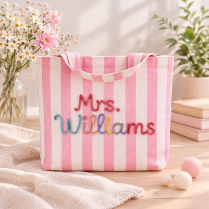 Personalized Teacher Chenille Tote Bag, Custom Teacher Bag