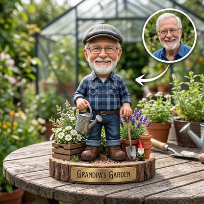 Personalized Grandpa Garden Gnome 2D FLAT Wooden Block, Custom Photo Caricature Plaque Sign