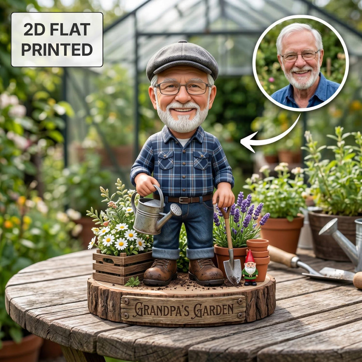 Personalized Grandpa Garden Gnome 2D FLAT Wooden Block, Custom Photo Caricature Plaque Sign