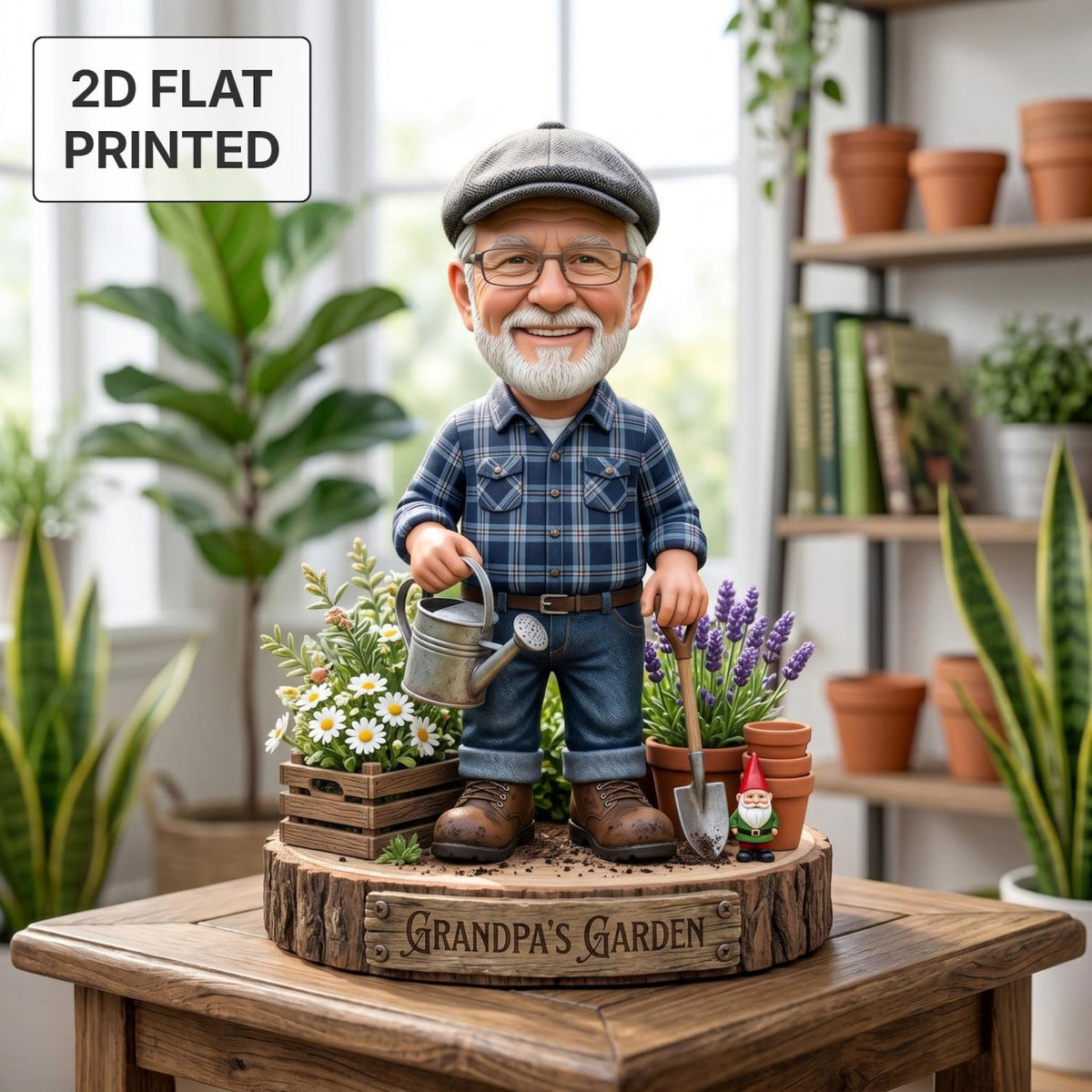Personalized Grandpa Garden Gnome 2D FLAT Wooden Block, Custom Photo Caricature Plaque Sign