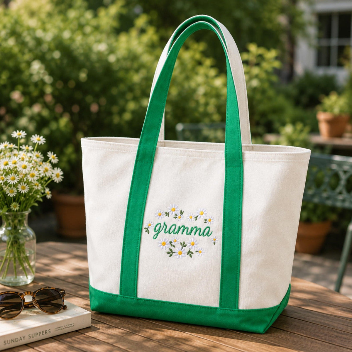 Embroidered Grammy Floral Tote Bag, Custom Grandma Gift with Daisy Embroidery