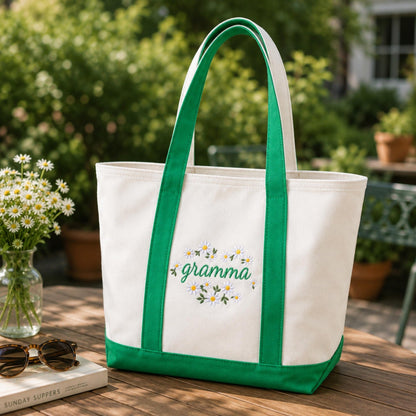 Embroidered Grammy Floral Tote Bag, Custom Grandma Gift with Daisy Embroidery