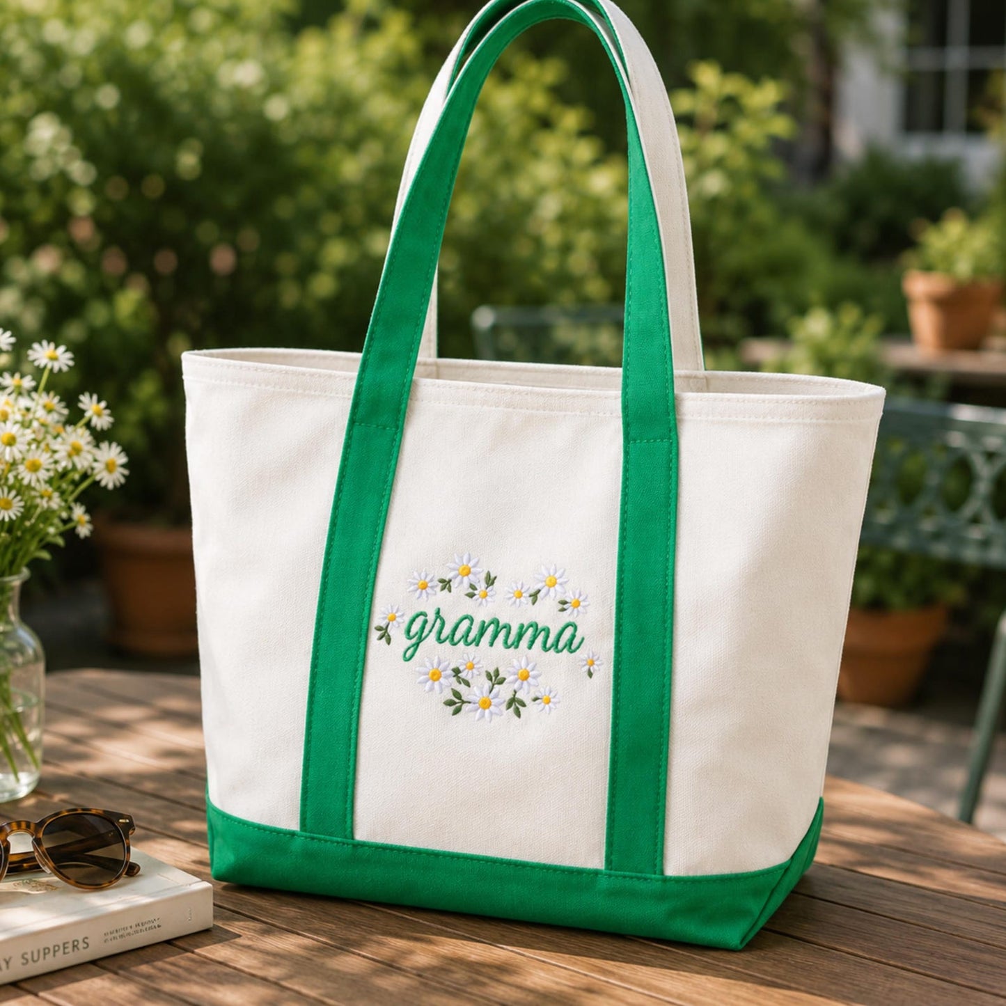 Embroidered Grammy Floral Tote Bag, Custom Grandma Gift with Daisy Embroidery