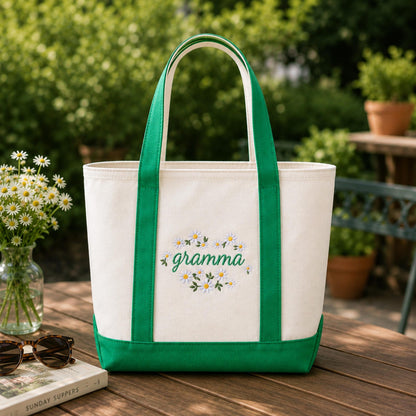 Embroidered Grammy Floral Tote Bag, Custom Grandma Gift with Daisy Embroidery