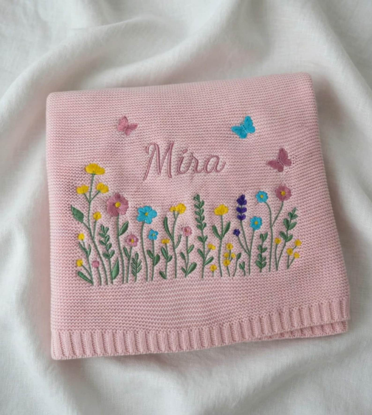 Custom Embroidered Name Blanket with Butterflies and Wildflowers for Newborn