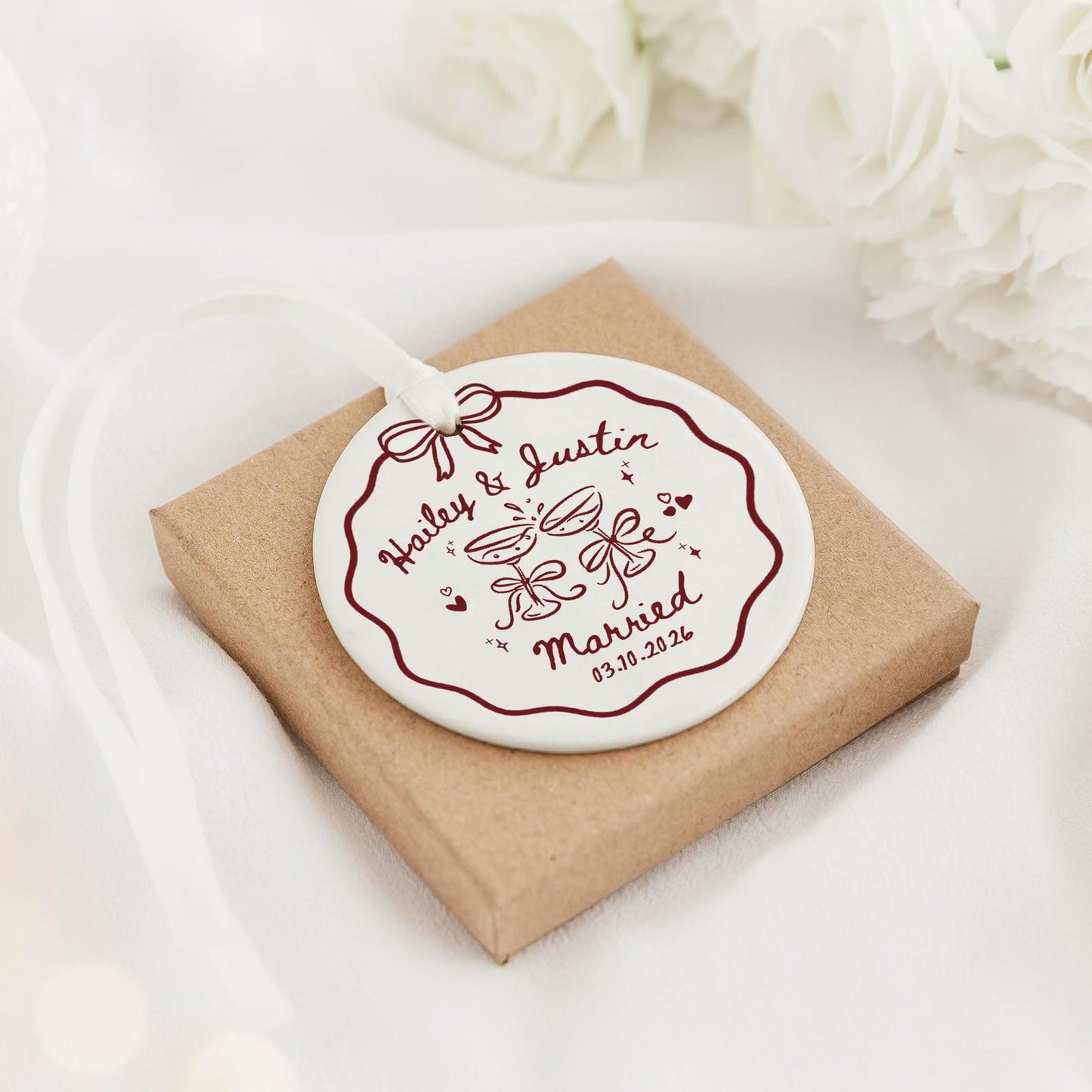 2 Sided Ceramic Ornament, Custom Engagement Gift, Personalized Engagement Gift for Engaged Couples