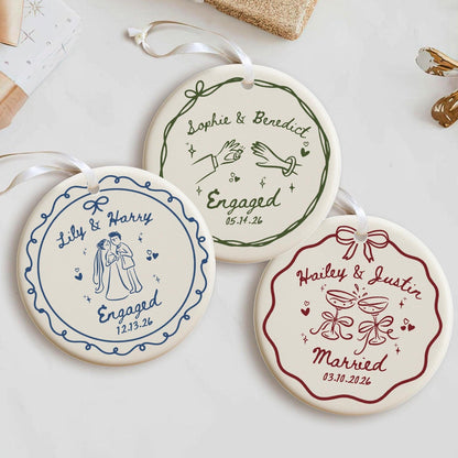 2 Sided Ceramic Ornament, Custom Engagement Gift, Personalized Engagement Gift for Engaged Couples