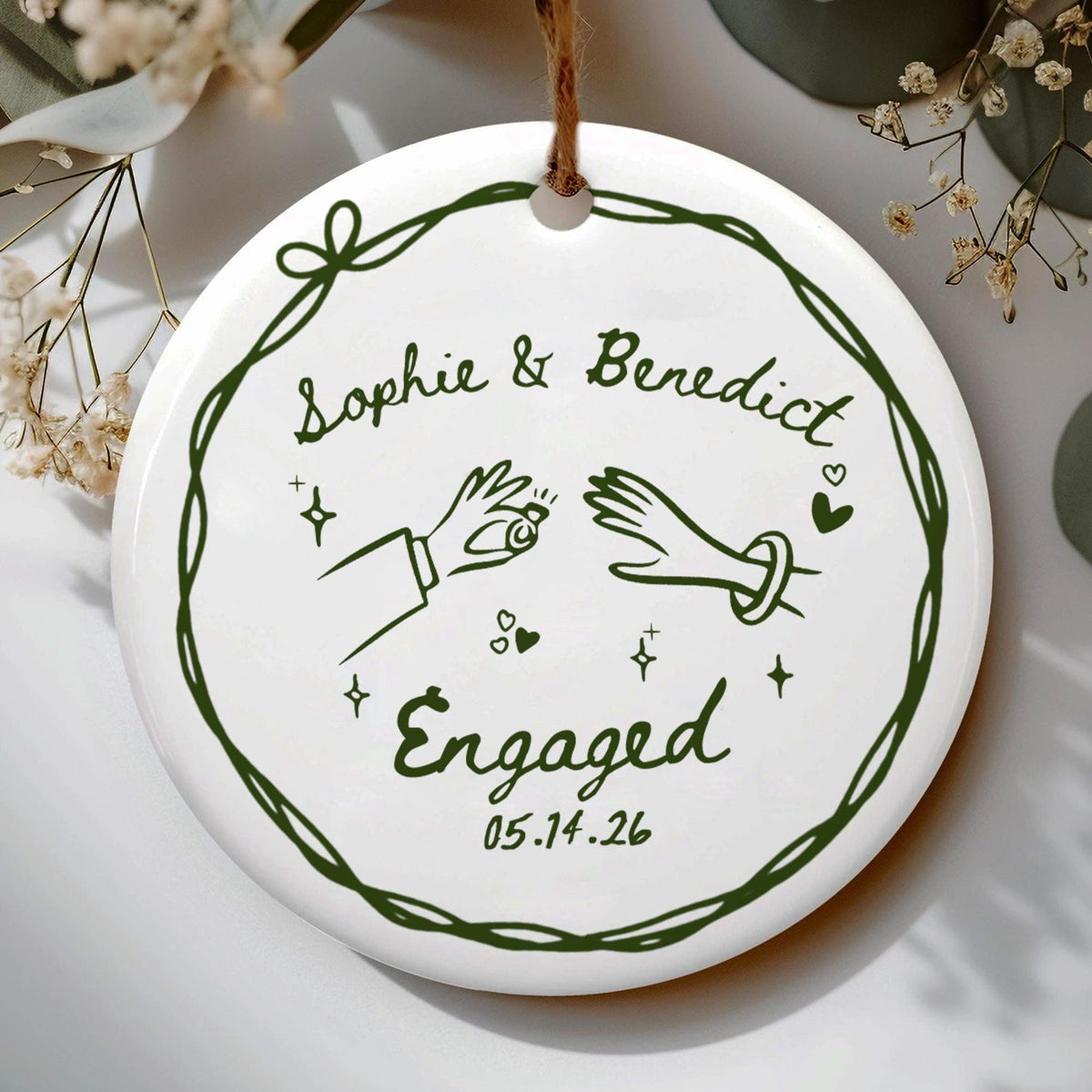 2 Sided Ceramic Ornament, Custom Engagement Gift, Personalized Engagement Gift for Engaged Couples