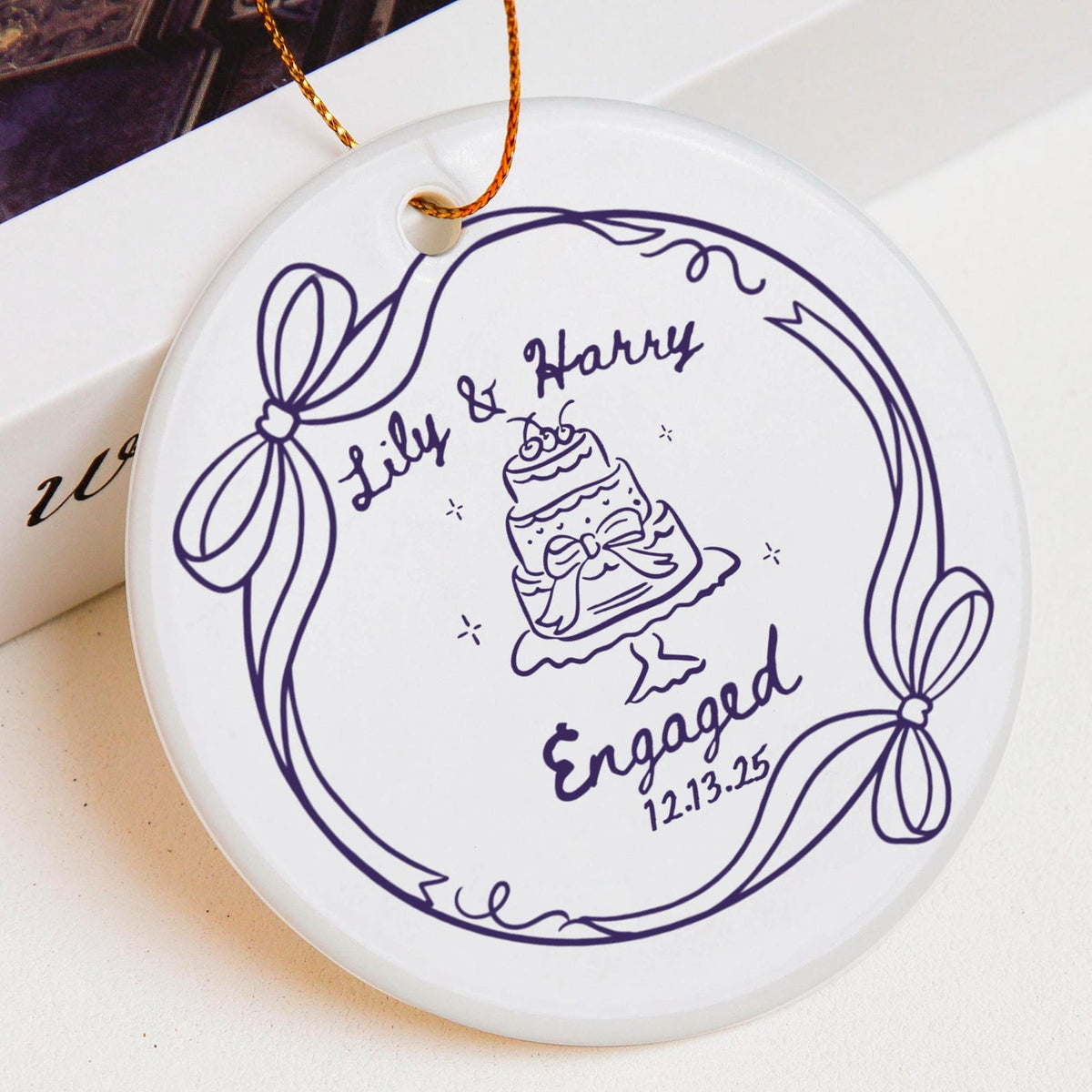 2 Sided Ceramic Ornament, Custom Engagement Gift, Personalized Engagement Gift for Engaged Couples