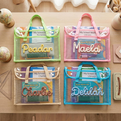 Personalised A4 Clear Handle Folder, Waterproof School Book Bag, Transparent Library Bag for Kids