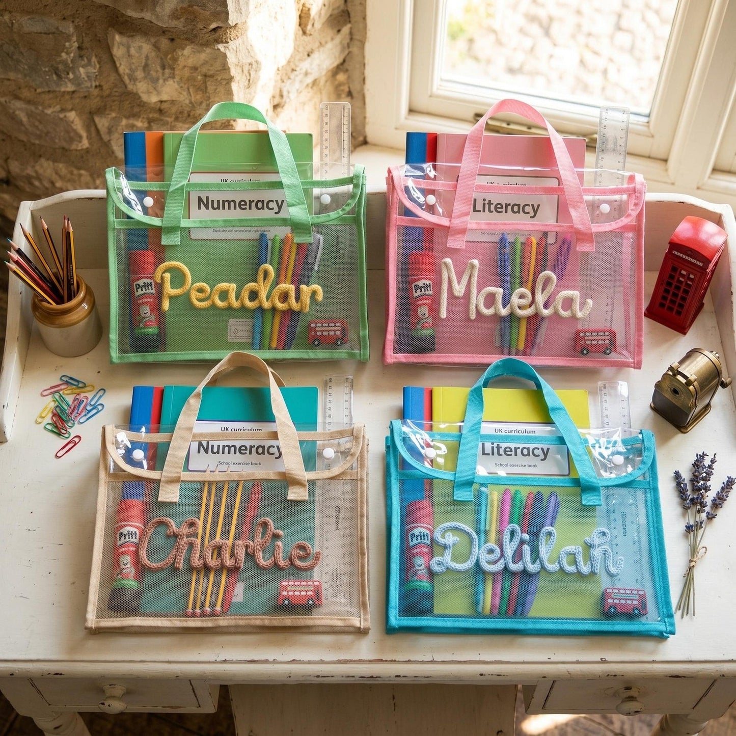 Personalised A4 Clear Handle Folder, Waterproof School Book Bag, Transparent Library Bag for Kids
