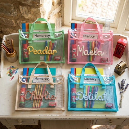 Personalised A4 Clear Handle Folder, Waterproof School Book Bag, Transparent Library Bag for Kids