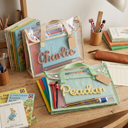 Personalised A4 Clear Handle Folder, Waterproof School Book Bag, Transparent Library Bag for Kids