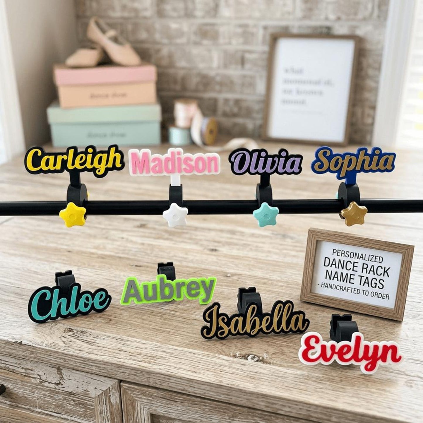 Custom Script Name with black border for Dance Bag Wardrobe bar