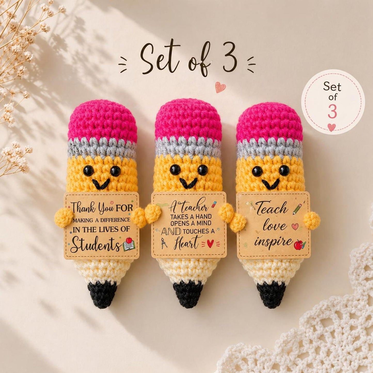 Teacher Gift Set, Crochet Pencil Set of 3, Teacher Appreciation Gift