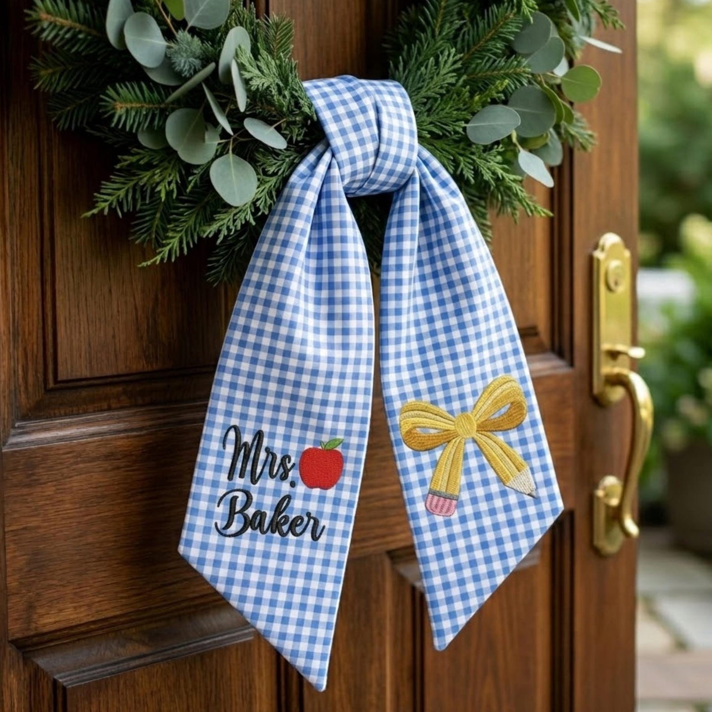 Personalized Teacher Door Wreath Bow, Custom Name Gingham Wreath Sash
