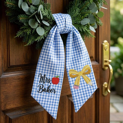 Personalized Teacher Door Wreath Bow, Custom Name Gingham Wreath Sash