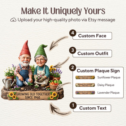 Personalized Grandparents Garden Gnome 2D FLAT Wooden Block, Custom Photo Plaque