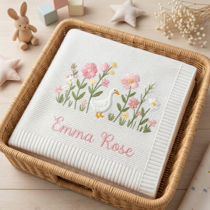 Personalized Embroidered Goose Floral Baby Blanket - Duck Wildflower Knit Throw, Newborn Blanket