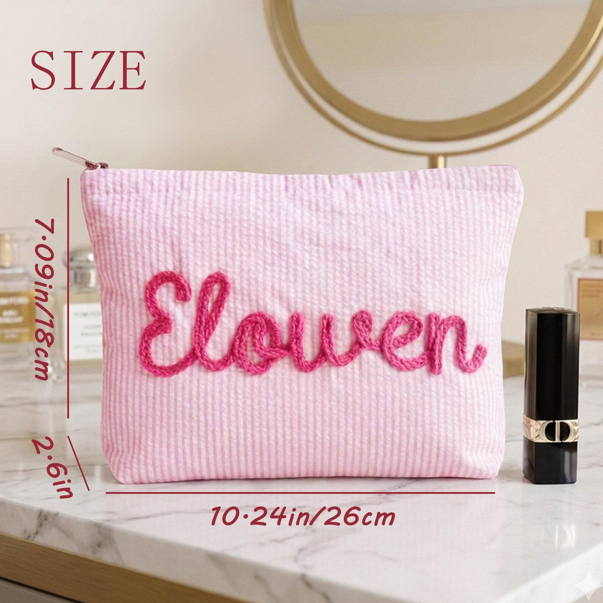 Custom Seersucker Makeup Bag Vacation Travel Pouch Personalized Chenille Name Toiletry Bag