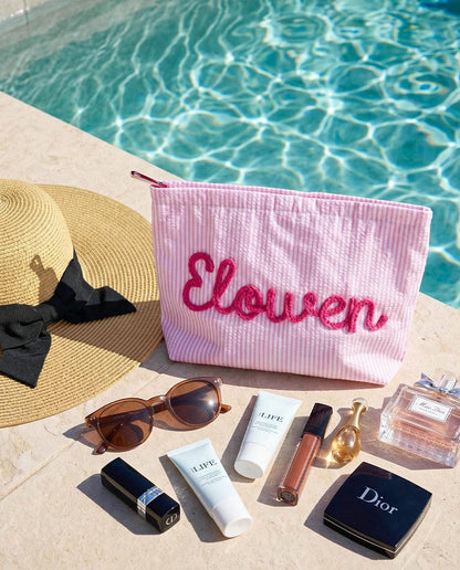 Custom Seersucker Makeup Bag Vacation Travel Pouch Personalized Chenille Name Toiletry Bag