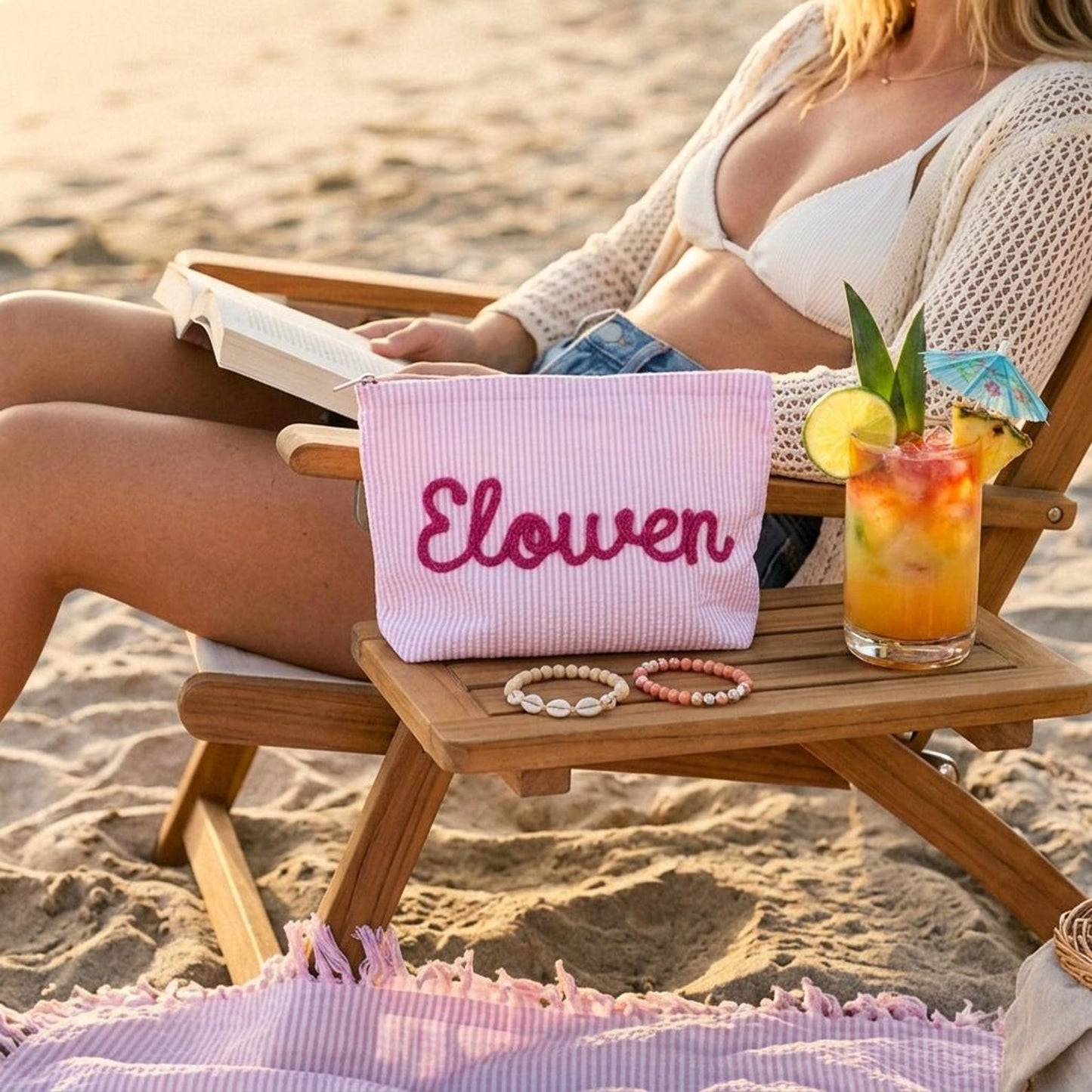 Custom Seersucker Makeup Bag Vacation Travel Pouch Personalized Chenille Name Toiletry Bag