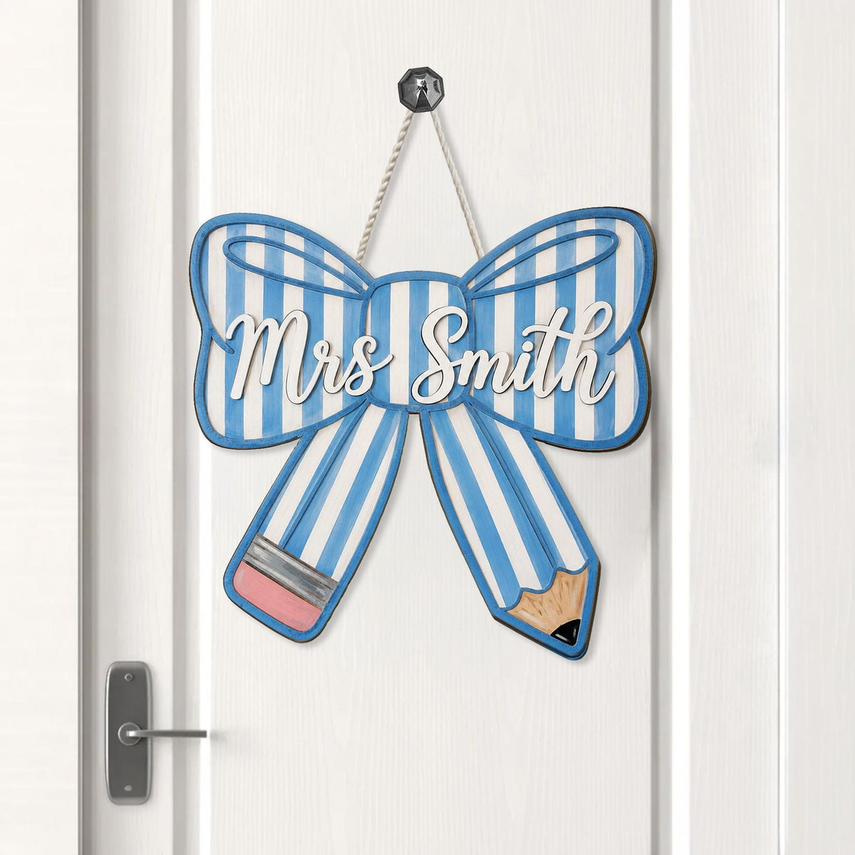 Personalized Pencil Bow Door Sign, Teacher Name Wooden Hanger, Classroom Decor,
