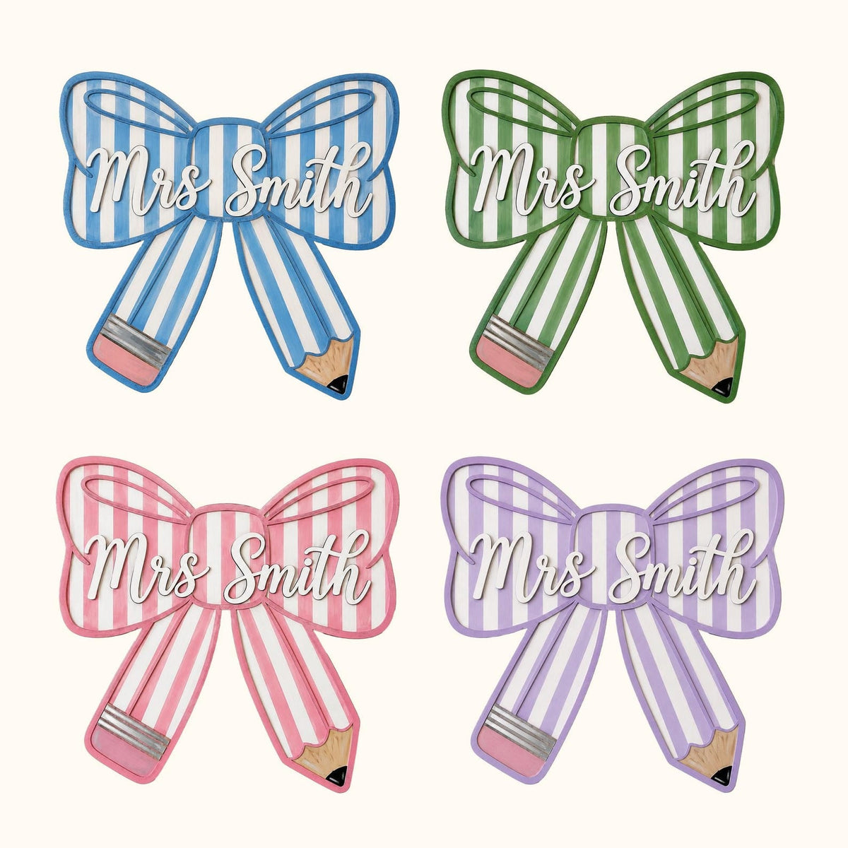 Personalized Pencil Bow Door Sign, Teacher Name Wooden Hanger, Classroom Decor,