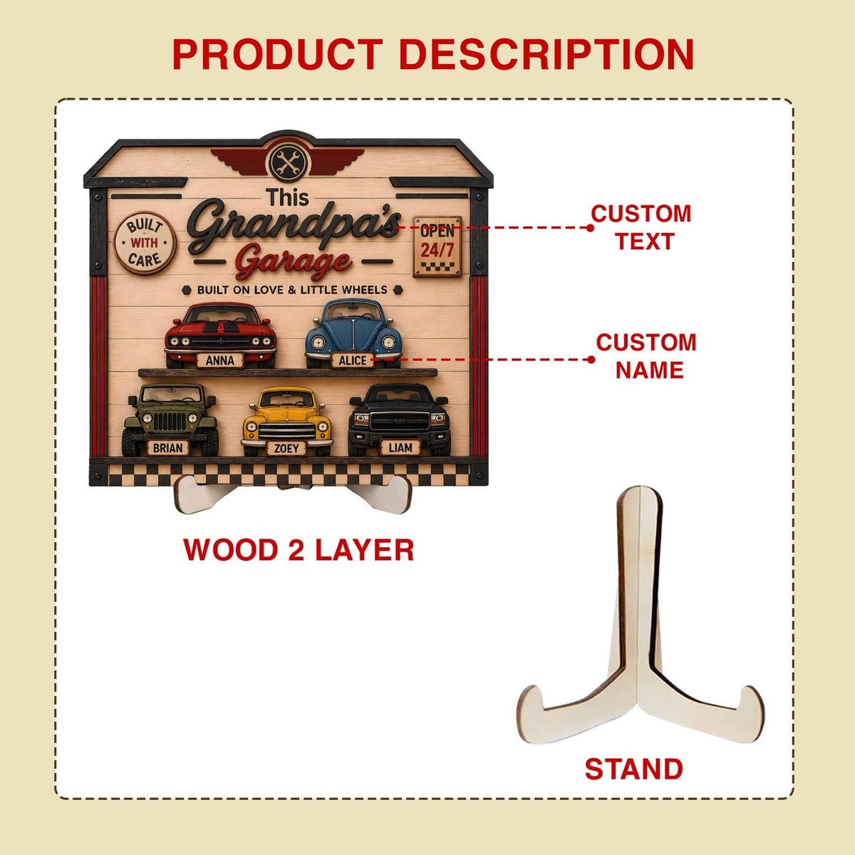 Personalized Grandpa's Garage Wood Sign, Custom Kids Name Car Decor