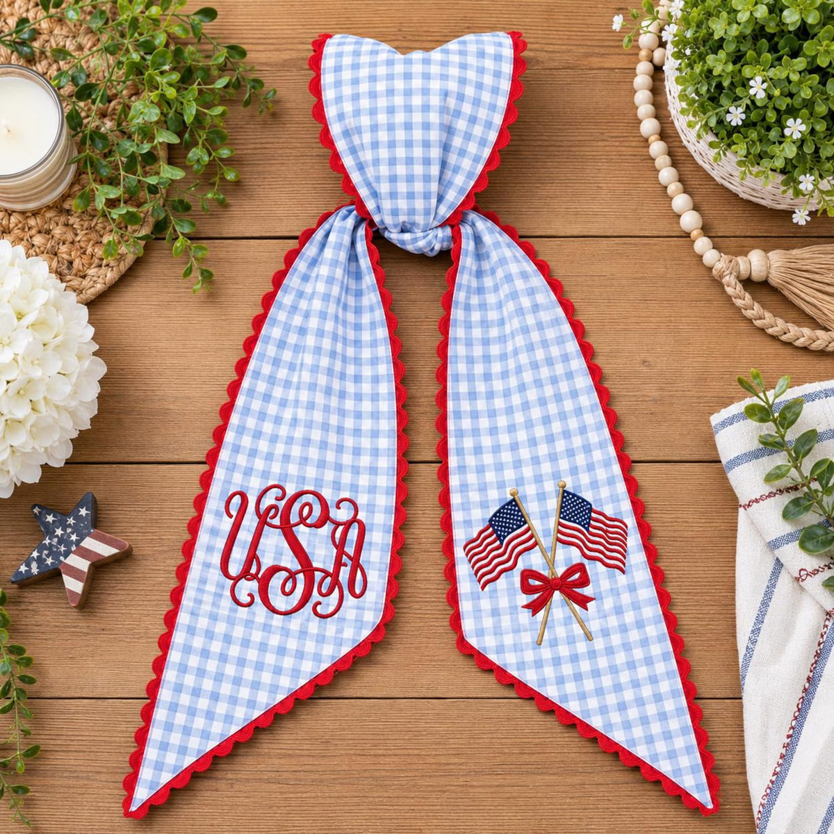 Custom Monogram Patriotic Wreath Sash, USA Flag Bow Ric Rac Wreath Sash Decor, 4th of July