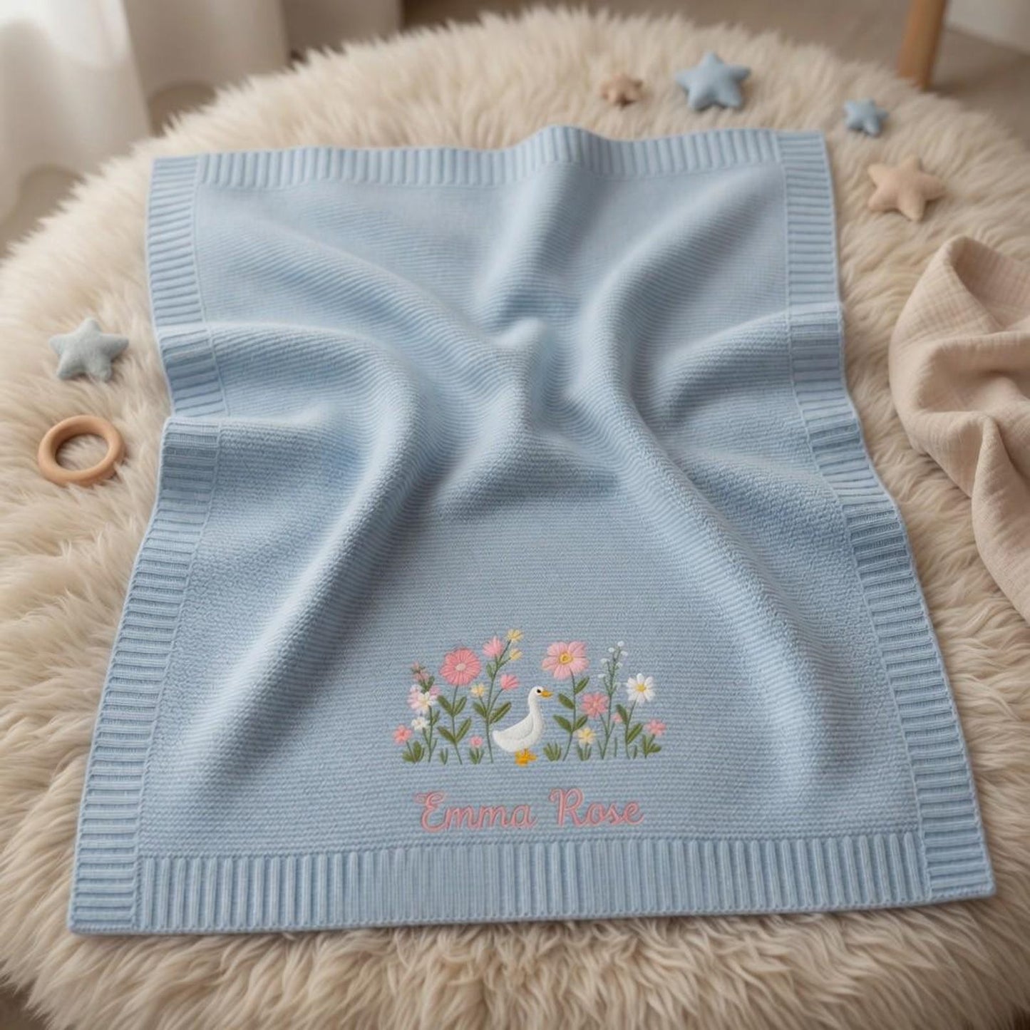 Personalized Embroidered Goose Floral Baby Blanket - Duck Wildflower Knit Throw, Newborn Blanket