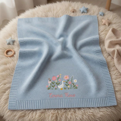 Personalized Embroidered Goose Floral Baby Blanket - Duck Wildflower Knit Throw, Newborn Blanket