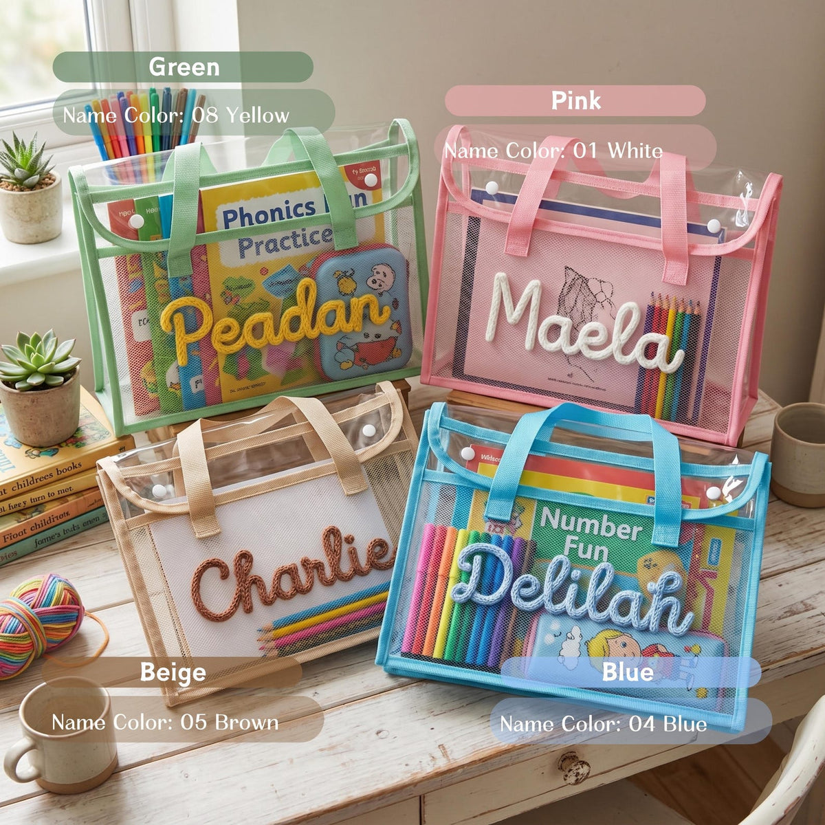 Personalised A4 Clear Handle Folder, Waterproof School Book Bag, Transparent Library Bag for Kids