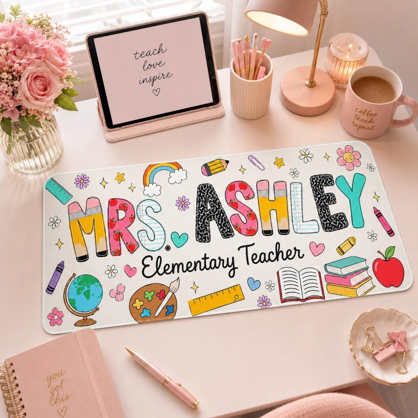 Personalized Teacher Desk Mat, Custom Name Teacher Mouse Pad, Teacher Appreciation Gift